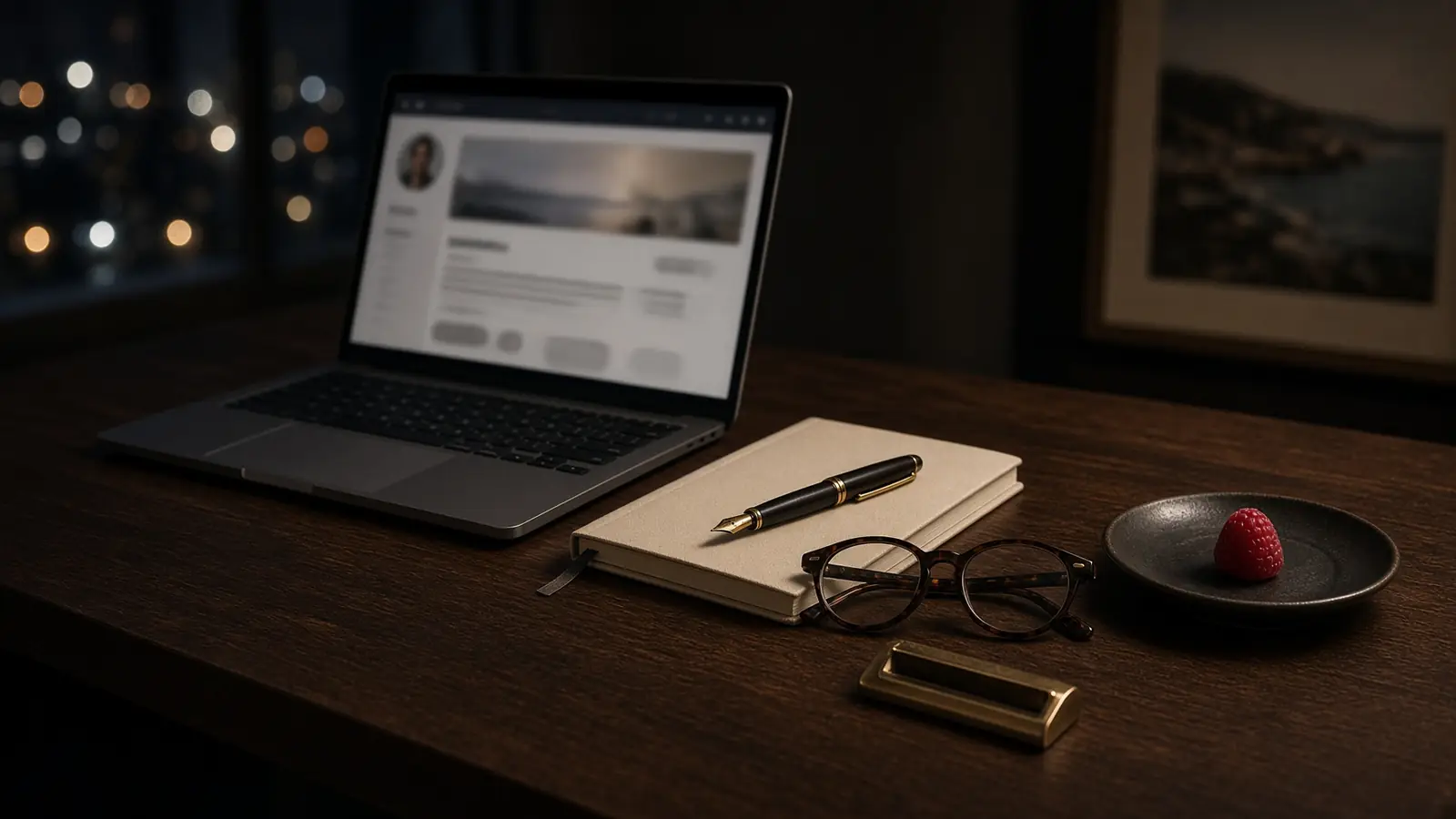 Escritorio de trabajo de marca personal: perfil profesional en laptop, cuaderno y frambuesa — Frambuesa Studio